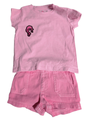 2 piece single print light pink logo shirt with light pink jean shorts girls 18-24mos