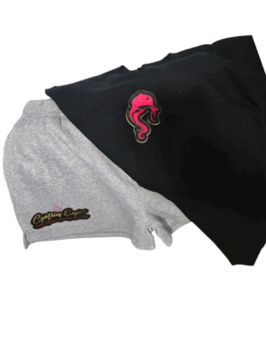 Adult Female Double printed logo shortset black tee with stones and grey shorts