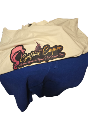 Large white logo tee with large blue shorts adult men